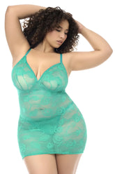 Teal lace bodysuit with floral pattern and thin straps from mapale 7613x babydoll with matching panty wild teal