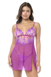 Purple floral lace chemise with sheer mesh panels and side slit from mapale 7614 babydoll with matching panty azalea