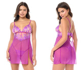 Purple lace and sheer mesh nightgown with floral embroidery and matching panty in azalea by mapale 7614 babydoll