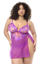 Purple mapale 7614x babydoll lingerie set with floral lace sheer mesh overlay and side slit with matching panty