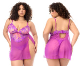 Purple lace and sheer mesh lingerie dress with floral embroidery and matching panty in azalea by Mapale 7614X babydoll