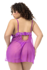 Purple sheer mapale 7614x babydoll nightgown with ruffled lace trim thin straps and matching azalea panty