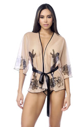 Beige sheer mapale 7615 robe with black floral and cactus prints tied at waist with satin ribbon belt and matching panty
