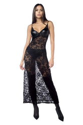 Black lace bodysuit with structured bra top and sheer floral overlay mapale 7616 long gown with matching garter belt