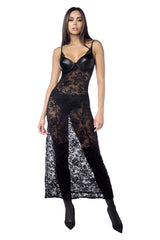 Black lace bodysuit with structured bra top and sheer floral overlay mapale 7616 long gown with matching garter belt