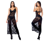 Black lace bodysuit with sheer panels and back cutout by Mapale 7616 shown from the back with matching panty garter belt