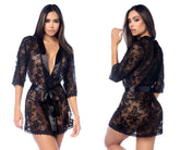 Black lace robe with satin trim and matching belt by Mapale 7618 in black with matching panty displayed front side