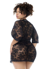 Black lace mini dress with three-quarter sleeves and fitted silhouette from mapale 7618x with matching panty