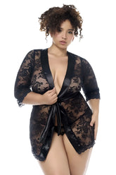 Black lace robe with satin tie front and three quarter sleeves by mapale 7618x with matching panty in black
