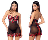 Back view of mapale 7619 black sheer lingerie dress with red rose lace detailing and corset-style back with matching panty