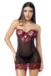 Black sheer Mapale 7619 nightgown with red rose lace detailing and matching panty in black and red
