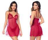 Red lace-trimmed sheer nightgown with thin straps and side ties by mapale 7620 with matching panty in red