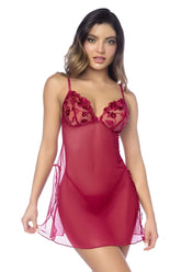 Mapale 7620 red sheer nightgown with floral lace bust and side ties with matching panty set