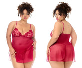 Red lace and sheer mapale 7620X babydoll nightgown with thin straps and matching panty in red color