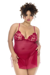 Red sheer lace-trimmed nightgown with thin straps and side ties babydoll with matching panty by mapale 7620x
