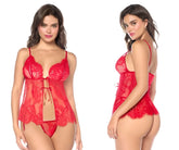 Red lace Mapale 7621 babydoll lingerie set with delicate floral patterns and front tie detail in red color