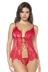 Red lace Mapale 7621 babydoll with delicate floral patterns and tied front detail with matching panty in red