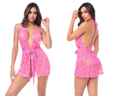 Pink mapale 7622 babydoll lace halter dress with deep v-neckline backless design and satin ribbon belt with panty
