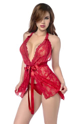 Red lace halter nightie with satin ribbon tie waist and matching panty in red from mapale 7622 babydoll set