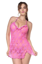 Mapale 7623 babydoll vibrant pink lace nightgown with delicate bow pattern and thin spaghetti straps with matching panty