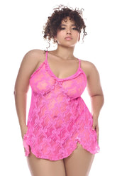 Pink lace camisole babydoll by mapale 7623x with sheer butterfly pattern and matching panty in pink