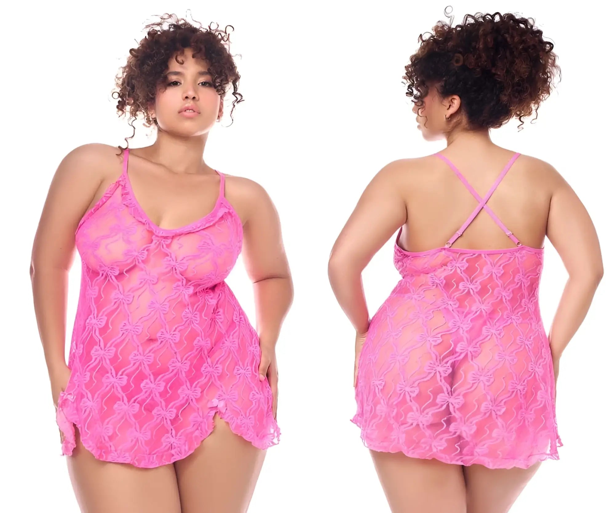 Pink lace nightgown with bow pattern and thin spaghetti straps from mapale 7623x babydoll set with matching panty