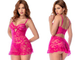 Fuchsia lace mapale 7627 babydoll set with thin straps ruffled hem and matching thong in cherry veil color