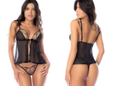 Black sheer lace bodysuit with mesh panels and tied front detail by Mapale in black nude color with matching thong