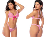 Pink lace lingerie set by Mapale with a matching bow at the center front of the bra in pink romance color
