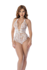 White lace bodysuit by mapale with plunging neckline halter straps and satin ribbon waist ties in color white