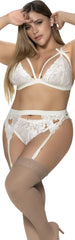 White lace ivory three piece garter set with delicate heart cutouts and sheer stockings by mapale 8221x
