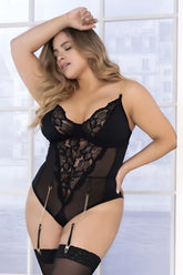 Black lace teddy bodysuit with gold chain suspenders mapale 8578x in black showing front view
