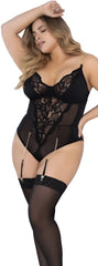 Black lace teddy with sheer panels and gold chain suspenders by Mapale model 8578X in black color