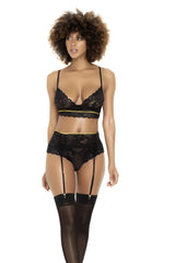 Black lace lingerie three piece set with gold trim and garter straps by Mapale in black color