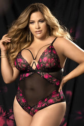 Mapale 8644X teddy in black and fuchsia with floral lace and sheer mesh panels for elegant lingerie wear