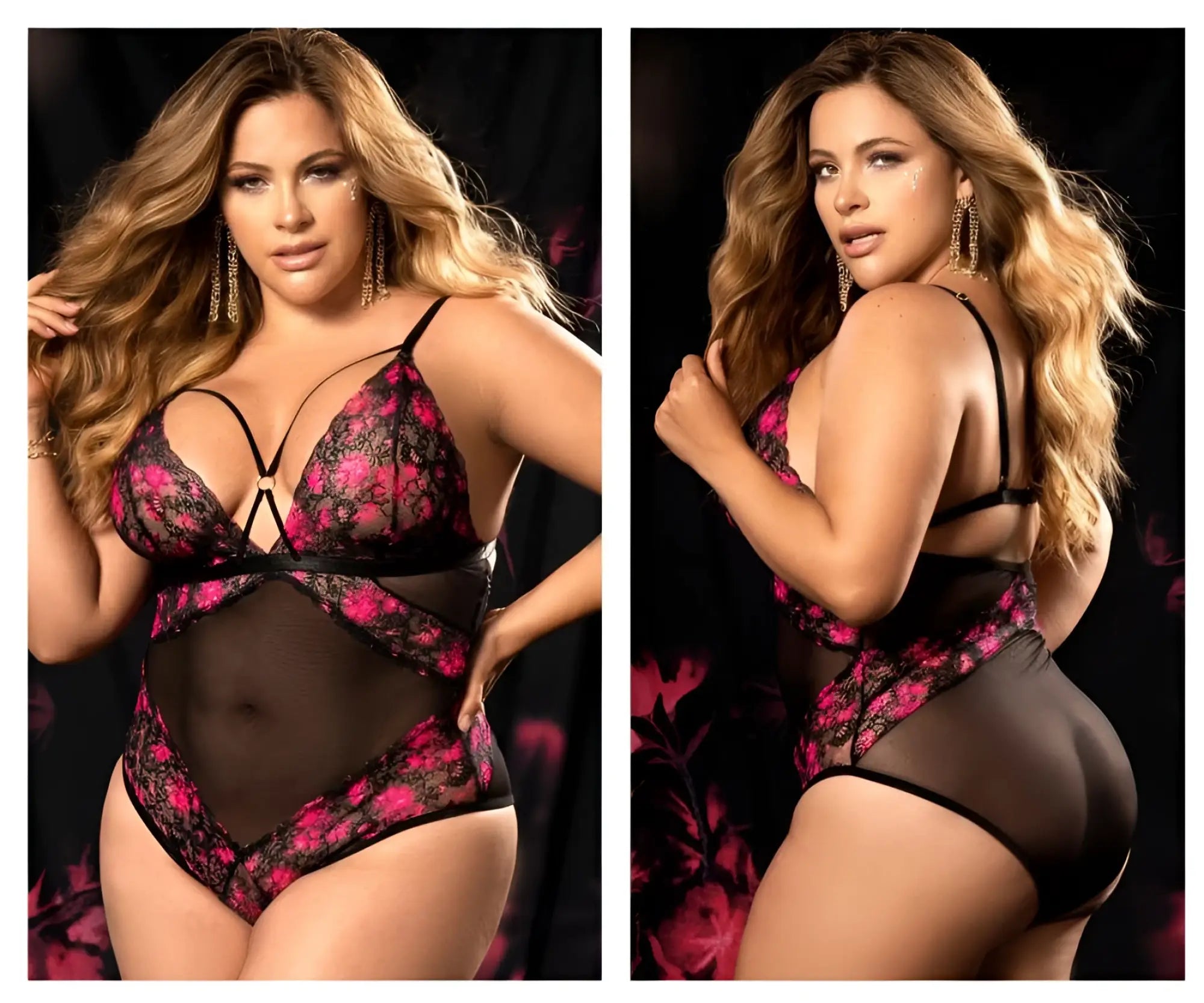 Black and pink floral lace bodysuit with sheer mesh panels mapale 8644x teddy color black print front view