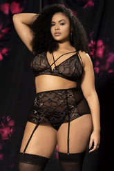 Black lace lingerie set mapale 8649x with intricate floral patterns and sheer mesh detailing in black color