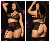Black lace lingerie three piece set by mapale 8649x with intricate patterns and sheer mesh panels in black