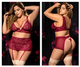 Burgundy lace lingerie three piece set with garter belt and stockings by mapale 8649x in rich burgundy color