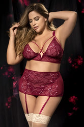 Mapale 8649X three piece set burgundy maroon lace lingerie with floral patterns and matching garter and cream thigh highs