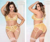 Mapale 8663x two piece gold-colored sheer lace lingerie set with thin straps and decorative cutouts in amalfi yellow