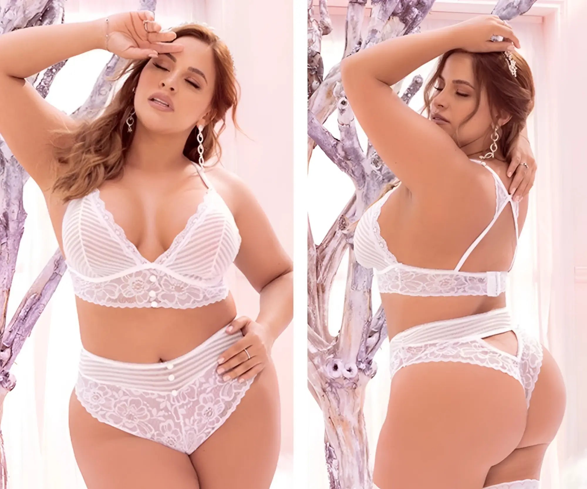 White lace lingerie two piece set by mapale with sheer mesh panels and delicate floral detailing in white color