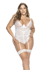 White lace and mesh corset style bodysuit with garter straps from mapale 8674x peek a boo teddy in white