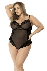 Mapale 8684x teddy black sheer bodysuit with delicate lace trim and thin spaghetti straps for elegant lingerie look