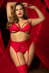 Red lace lingerie three piece set by mapale including matching garter belt and thigh-high stockings in red