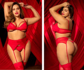 Red lace lingerie set with garter straps and thigh-high stockings by Mapale in a vibrant red color for intimate wear
