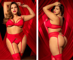 Red lace lingerie set with garter straps and thigh-high stockings by Mapale in a vibrant red color for intimate wear