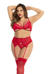 Red lace lingerie three piece set with garter belt and thigh-high stockings from Mapale 8726X in color red