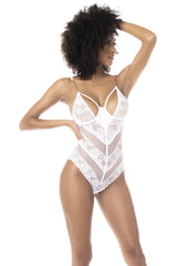 White lace teddy with sheer mesh panels and delicate chain straps by Mapale model 8741 in white color