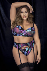 Mapale 8770x black floral three piece lingerie set with sheer mesh and lace trim for a romantic look